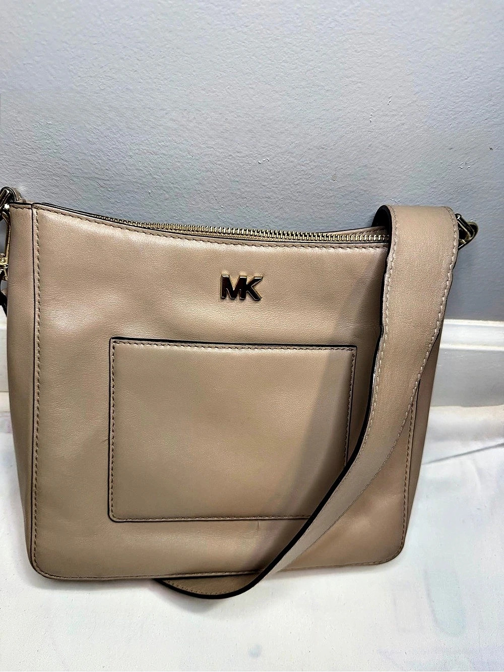 Michael Kors Taupe Leather Crossbody Messenger Bag | Gold Hardware